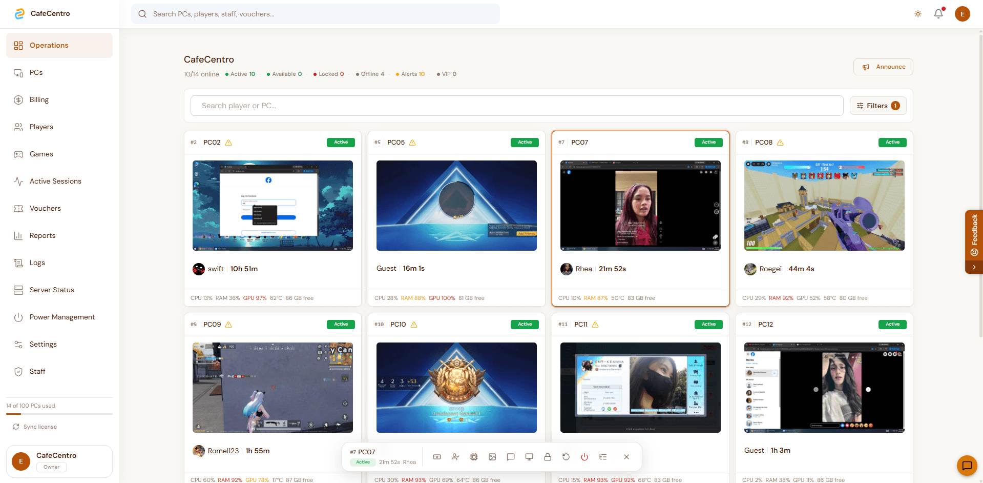 CafeCentro live operations dashboard with active PCs, timers, alerts, and station actions