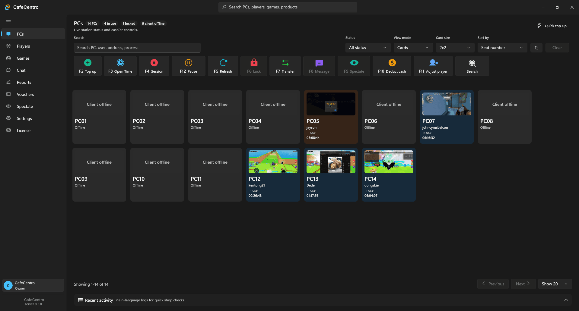 CafeCentro desktop store portal showing PC cards and session information